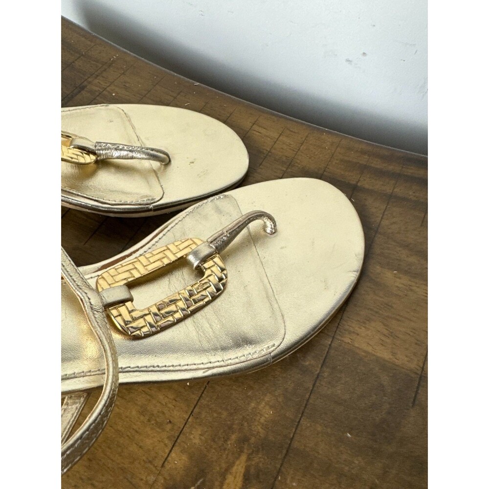 Lilly Pulitzer Gold Metallic Leather T Strap Wedge Sandals Women’s 8 Resort - Picture 7 of 13